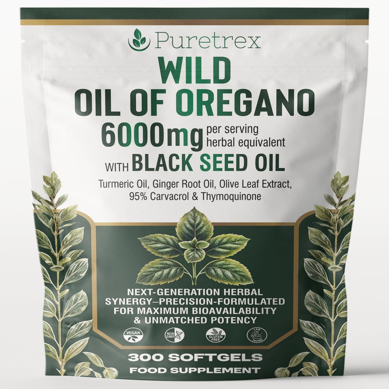 PURETREX Wild Oregano Oil 6000mg with Black Seed, Turmeric & Ginger â€“ 300 Softgels | 95% Carvacrol for Immune & Gut Support | High-Potency Herbal Blend
